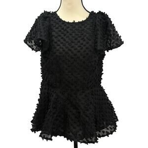Black Clip Dot Mini Dress, V Cristina Peplum Skirt Sheer Flutter Sleeves M